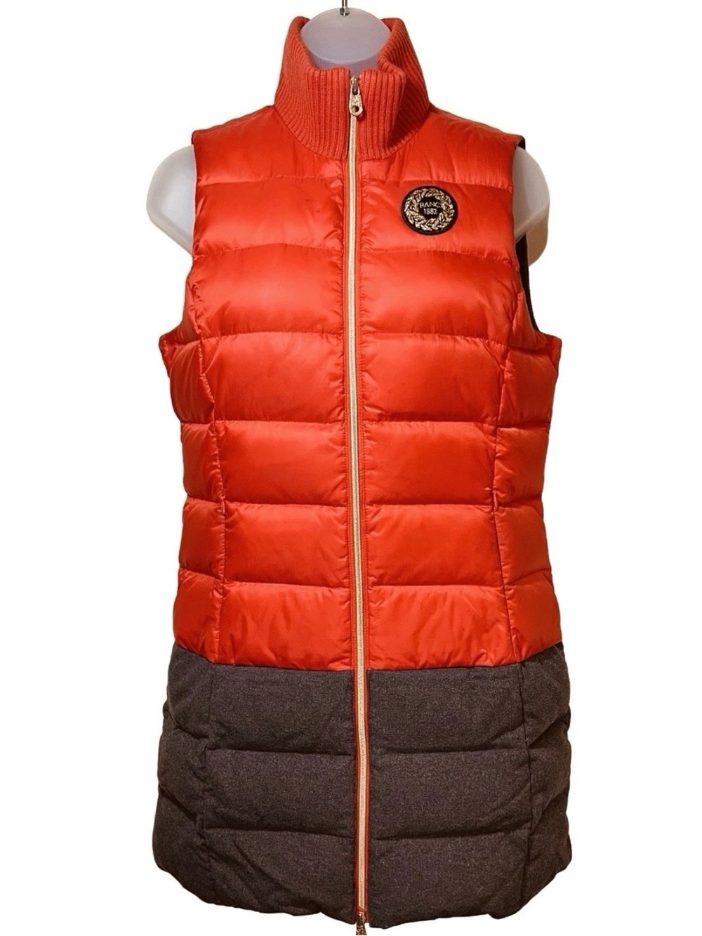 Le Coq Sportif Mid-Thigh Long Puffer Vest Orange-Red & Charcoal Gray - Size M